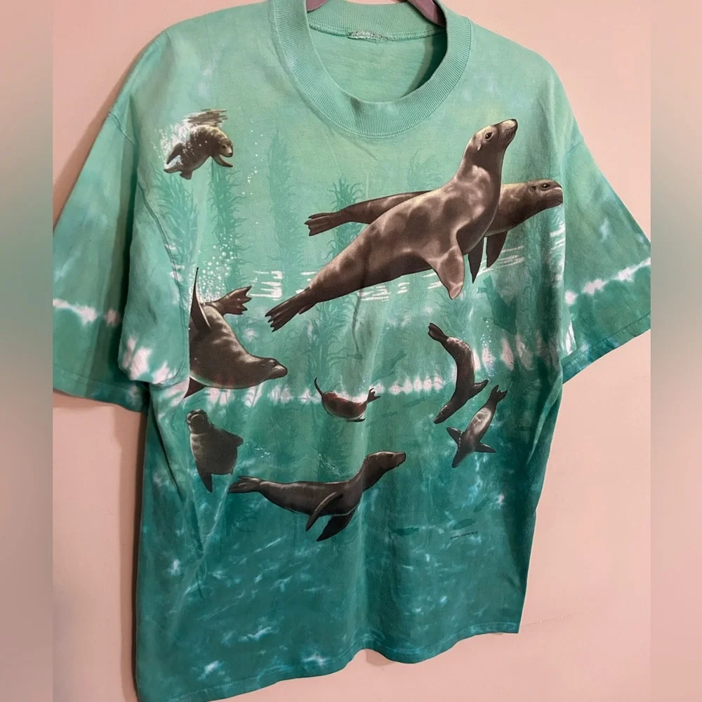 Vintage 90’s Liquid Blue Tie Dye Seals Marine Print T-Shirt Men’s Size L / XL - Picture 2 of 9